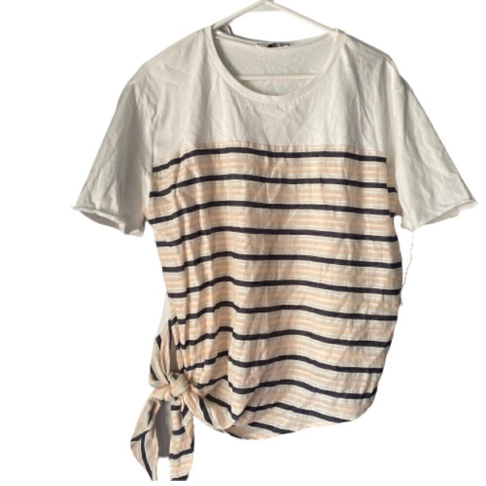 Zara White Short Sleeve Striped Tee Tie Waist Top